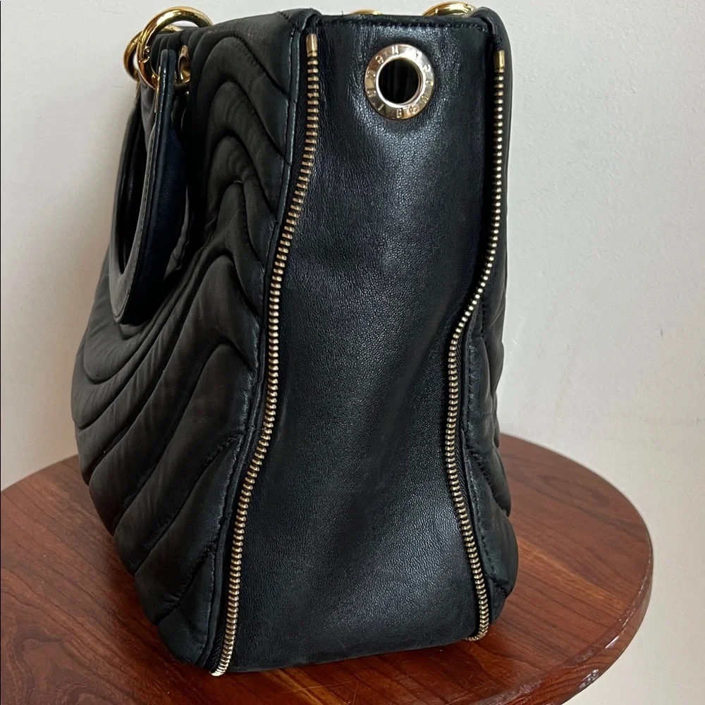 Henri Bendel Black Quilted lambskin Satchel with Gold Details